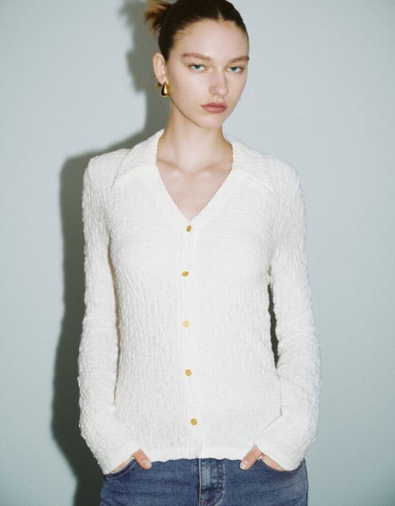 White Urban Revivo V-Neck Knitted Skinny Women\'s T-Shirts | DLZAGI-175