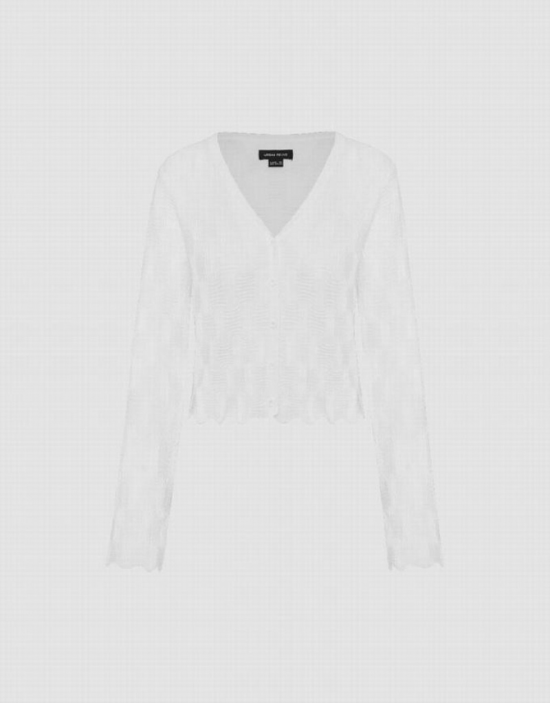 White Urban Revivo V-Neck Knitted Women's Cardigan | CRMLOY-792