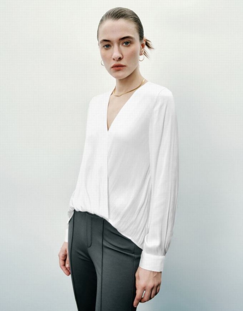 White Urban Revivo V-Neck Overhead Women's Blouse | LPKGND-572