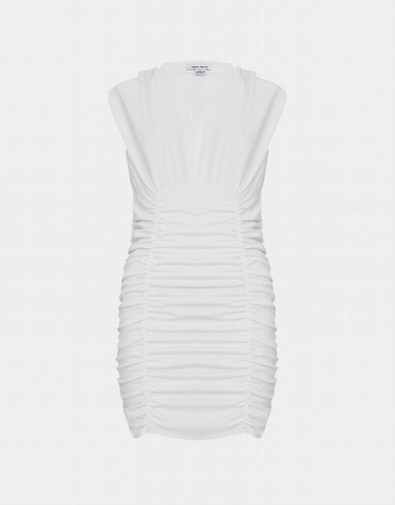 White Urban Revivo V Neck Ruched Sleeveless Bodycon Women\'s Casual Dress | FCQKRX-627