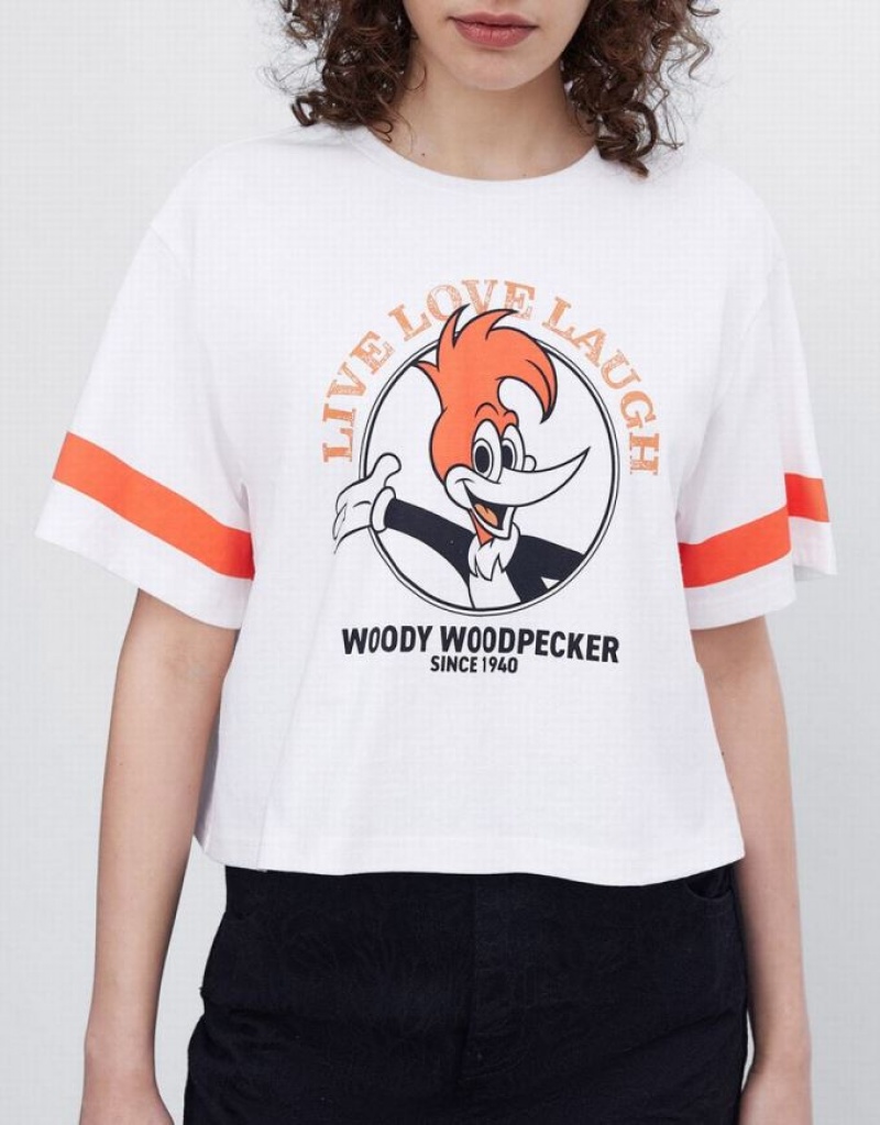 White Urban Revivo Woody Woodpecker Crop Women's T-Shirts | ZPFTGX-740
