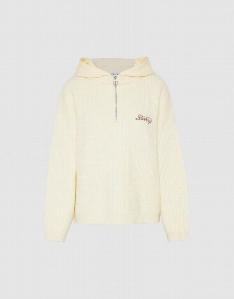 White Urban Revivo Zip Half Placket Hooded Knitted Women\'s Cardigan | ZLVUOH-265