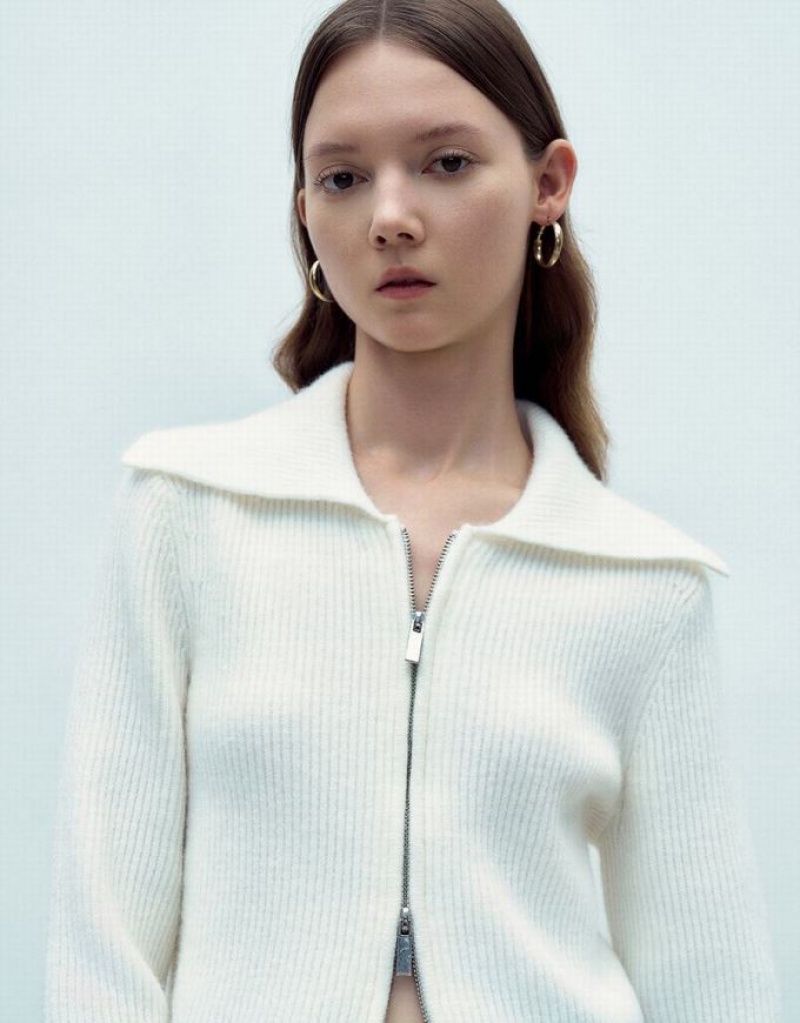 White Urban Revivo Zipper Front Knitted Women's Cardigan | BLDMHA-748
