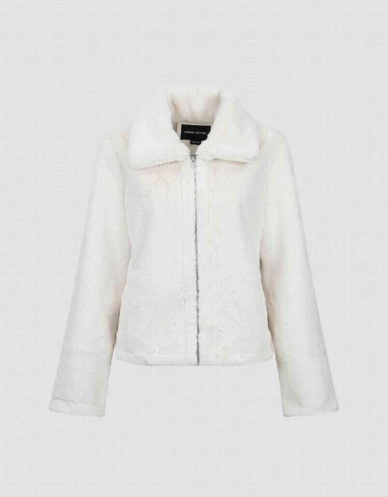 White Urban Revivo Zipper Front Straight Furry Women's Coats | YAJSMC-140