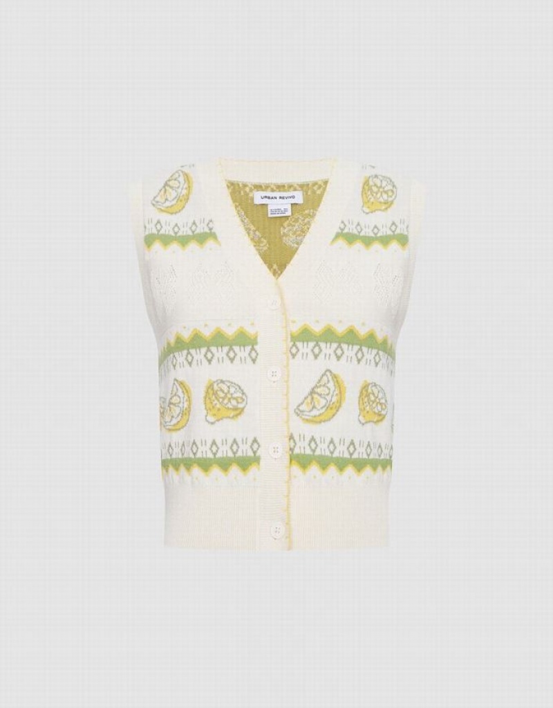 White / Green Urban Revivo Lemon Print Button Front Knitted Women\'s Sweater Vest | LJEGFA-284