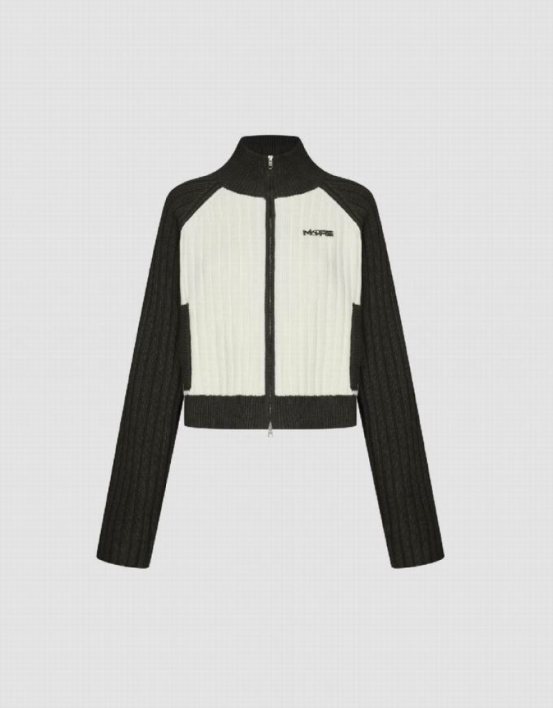 White / Grey Urban Revivo Zipper Front Raglan Sleeve Knitted Women's Cardigan | RGKCNV-215