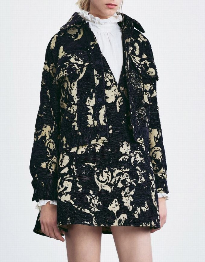 Yellow Urban Revivo Abstract Print Button Up Women's Jacket | LKBOXR-539