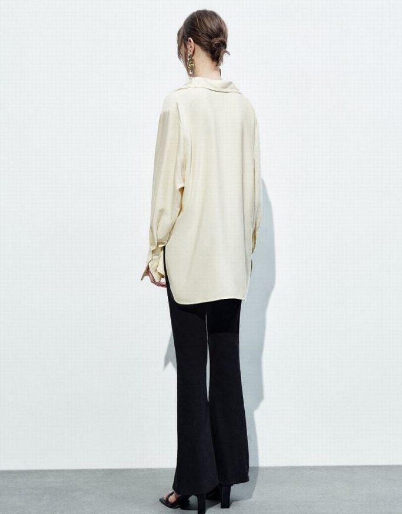 Yellow Urban Revivo Button Up Notch Lapel Women's Shirts | QZABUL-401