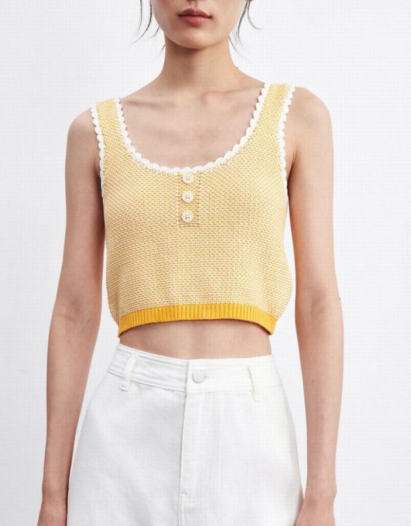 Yellow Urban Revivo Contrast Trim Half Button Knitted Women's Tank Top | PEZUVS-963