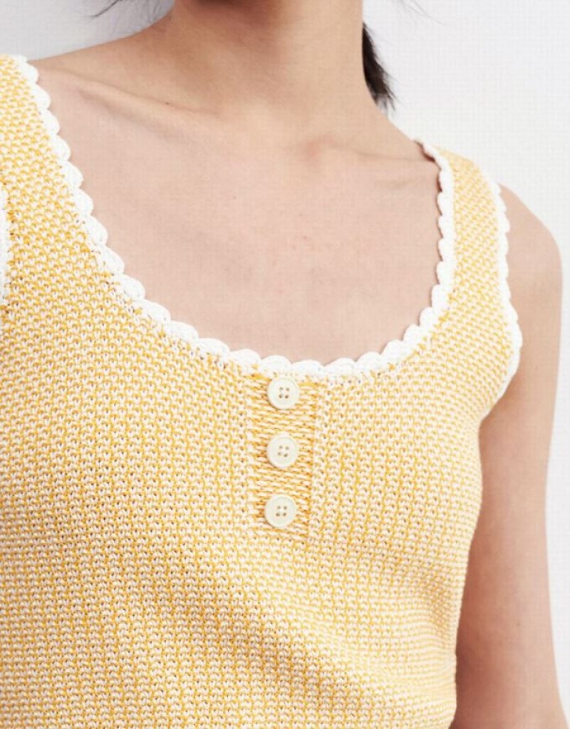 Yellow Urban Revivo Contrast Trim Half Button Knitted Women's Tank Top | PEZUVS-963