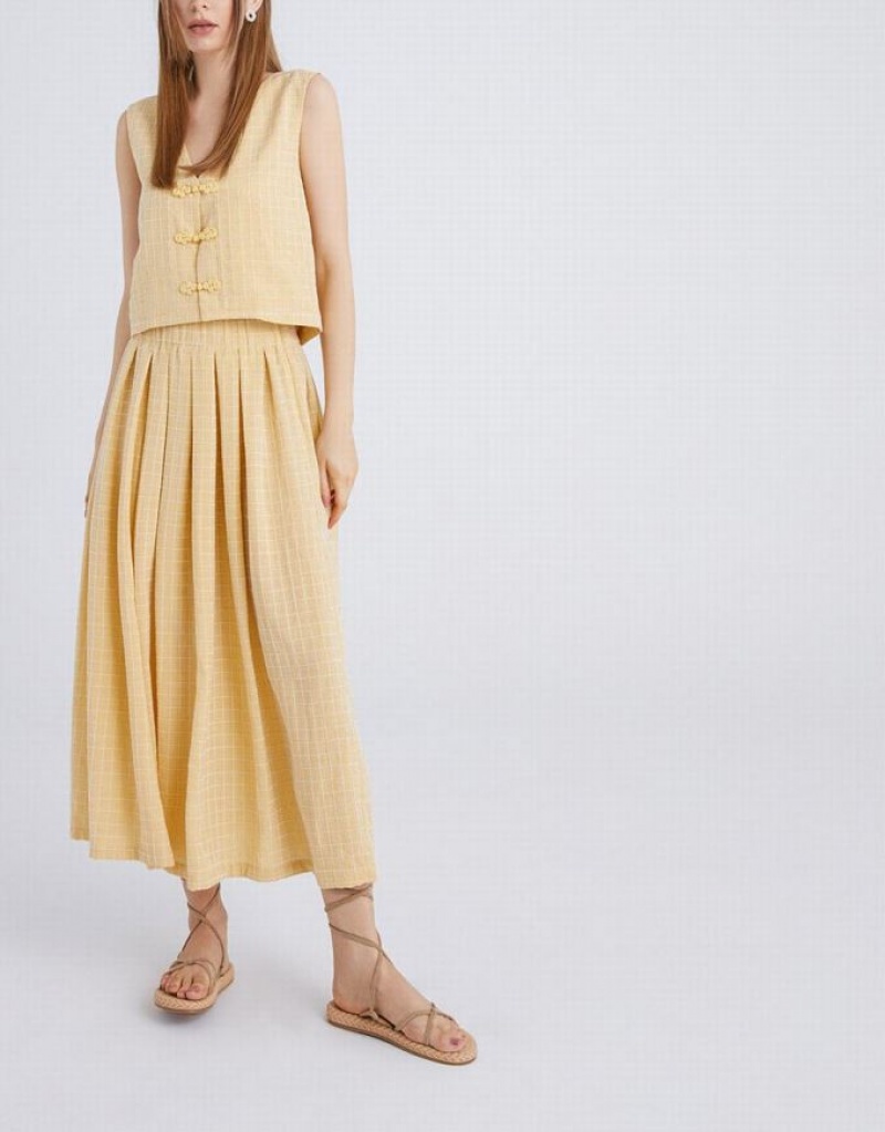 Yellow Urban Revivo Elastic Waist Plaid Skater Women's Skirts | QMYXRZ-473
