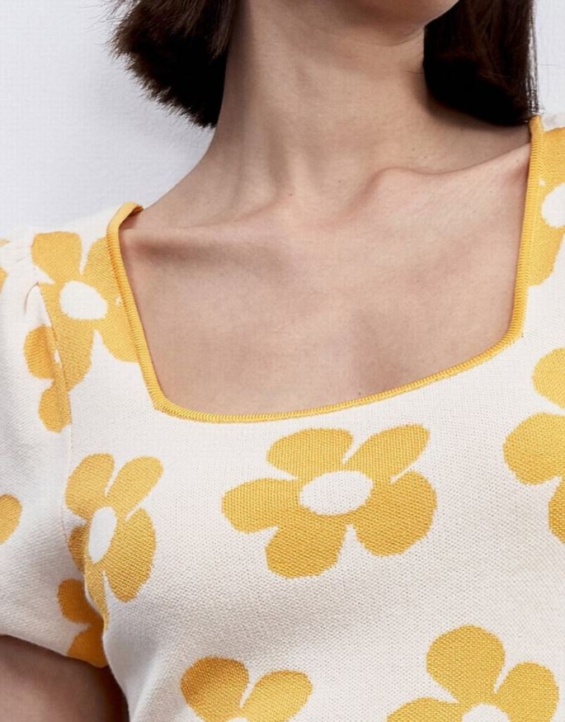 Yellow Urban Revivo Floral Pattern Puff Sleeve Women's Knitted Dress | KNLJAH-537
