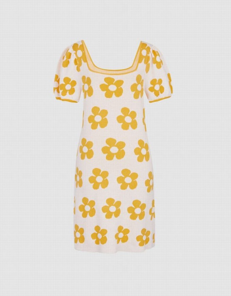 Yellow Urban Revivo Floral Pattern Puff Sleeve Women's Knitted Dress | KNLJAH-537