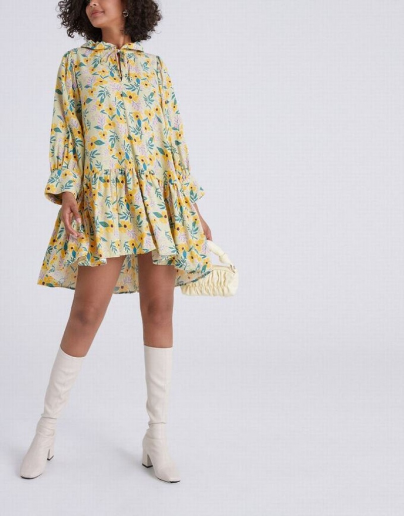 Yellow Urban Revivo Floral Print Knot Front Ruffle Hem Women's Casual Dress | ZNJMBF-361