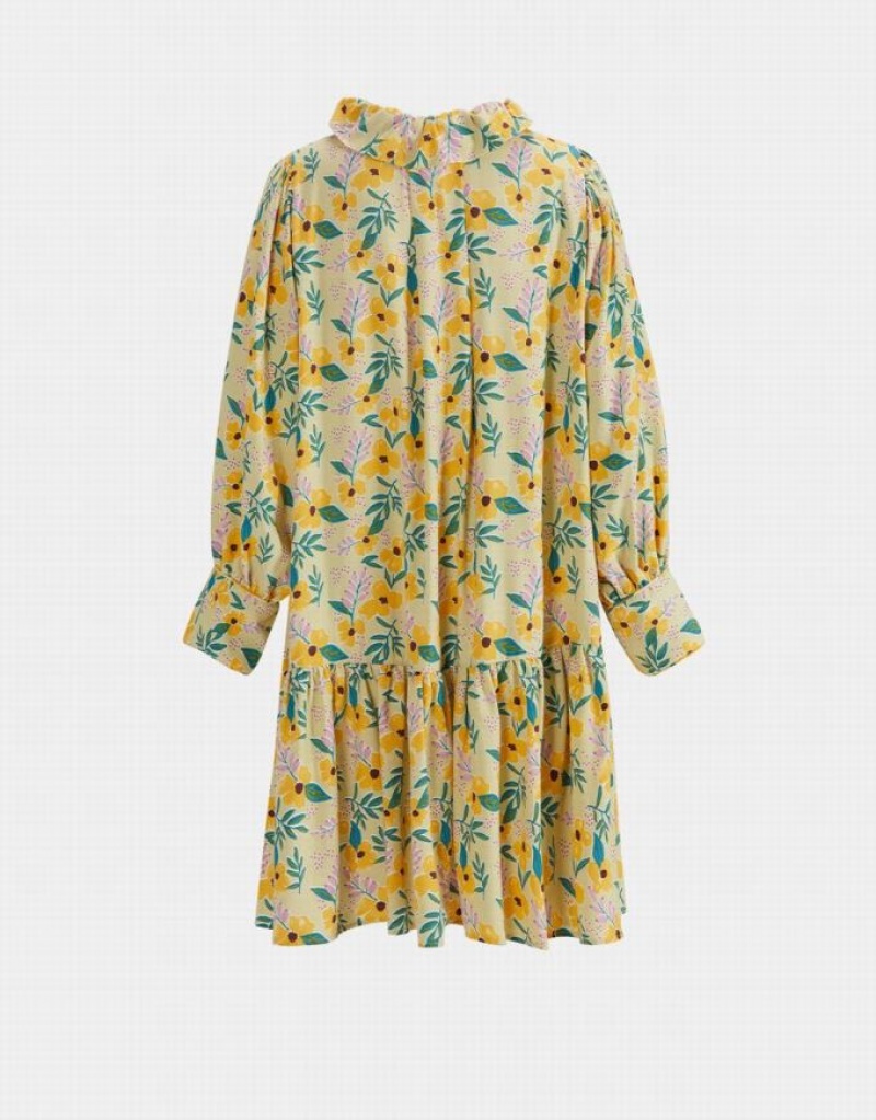 Yellow Urban Revivo Floral Print Knot Front Ruffle Hem Women's Casual Dress | ZNJMBF-361