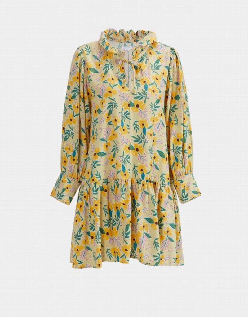 Yellow Urban Revivo Floral Print Knot Front Ruffle Hem Women\'s Casual Dress | ZNJMBF-361