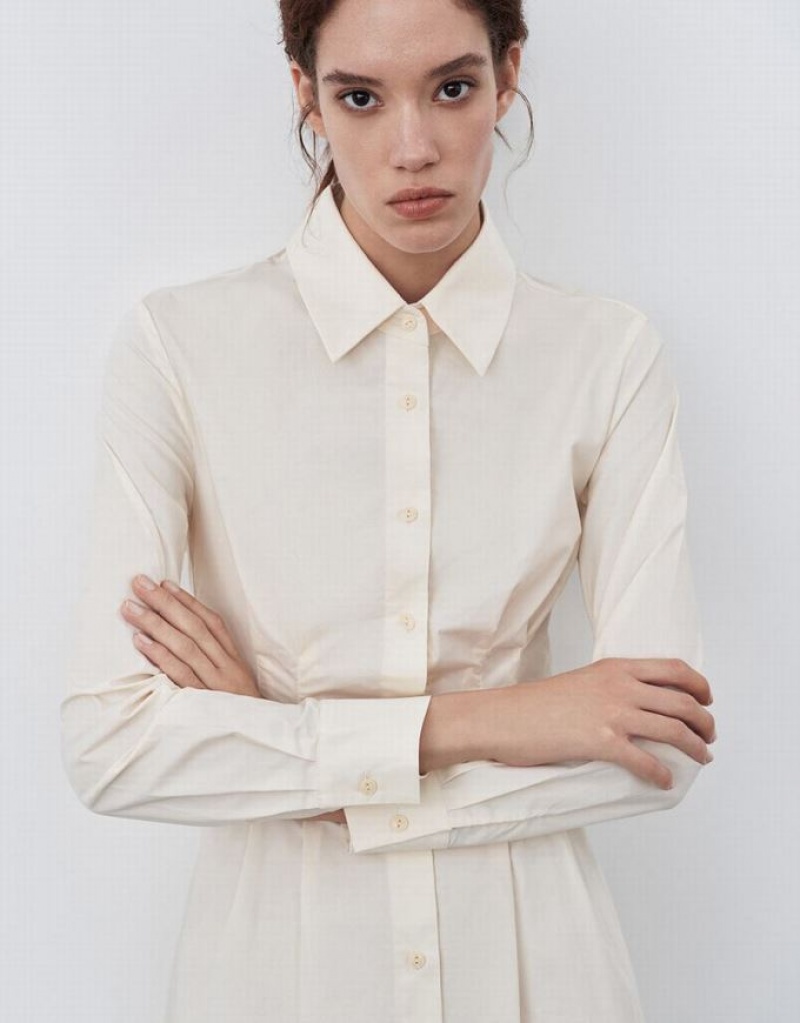Yellow Urban Revivo Gathered Waist Cotton Women's Shirt Dress | FYBCNA-570