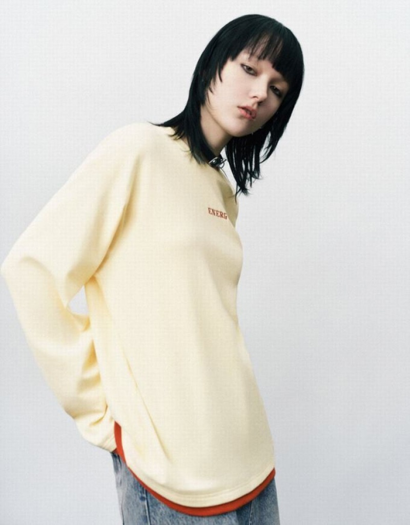 Yellow Urban Revivo Letter Embossed Crew Neck Loose Women's T-Shirts | BVFKEO-179