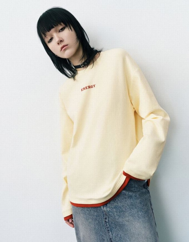 Yellow Urban Revivo Letter Embossed Crew Neck Loose Women\'s T-Shirts | BVFKEO-179