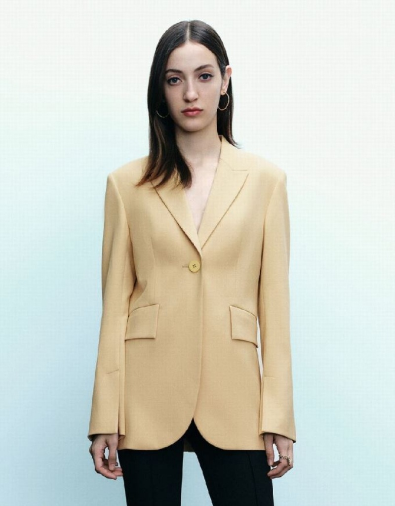 Yellow Urban Revivo Peaked Lapel Straight Women\'s Blazers | DRXQFG-647