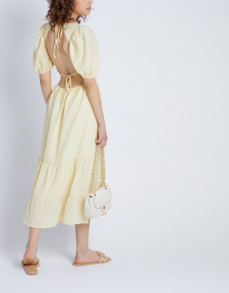 Yellow Urban Revivo Puff Sleeve Tiered Midi Women's Midi Dress | PODVSY-847