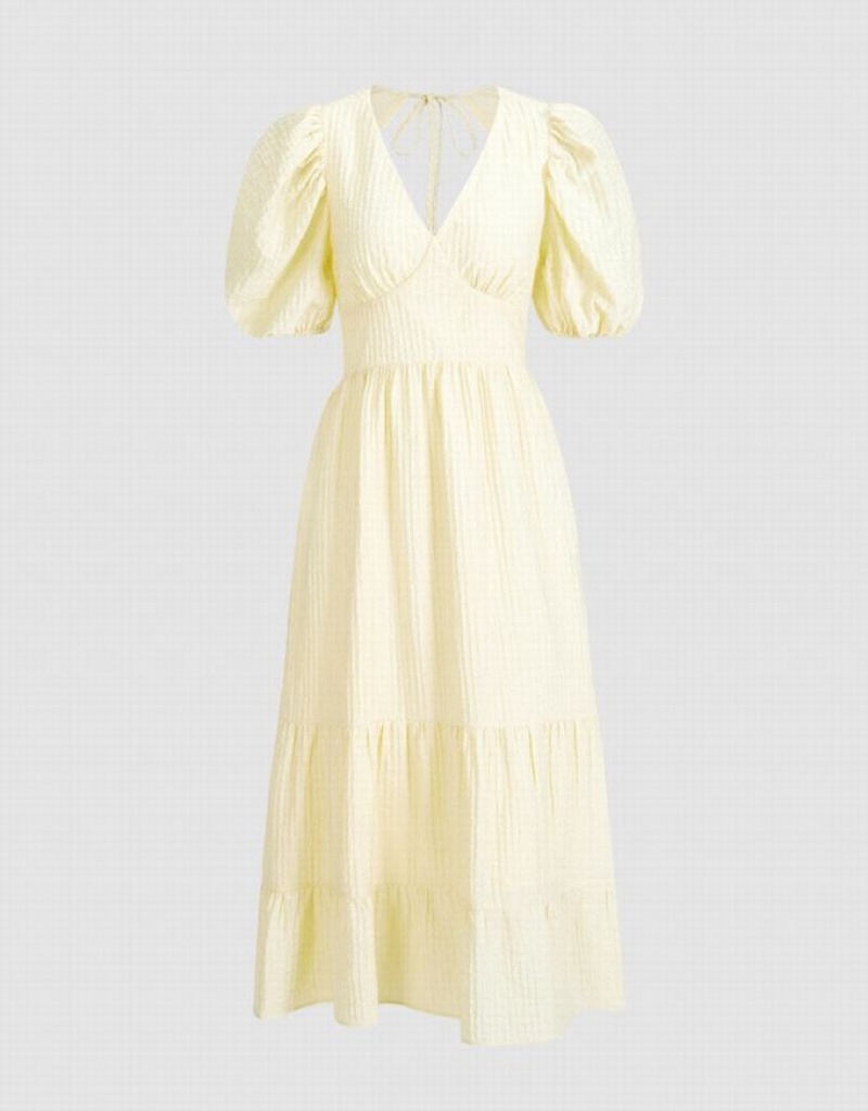 Yellow Urban Revivo Puff Sleeve Tiered Midi Women\'s Midi Dress | PODVSY-847