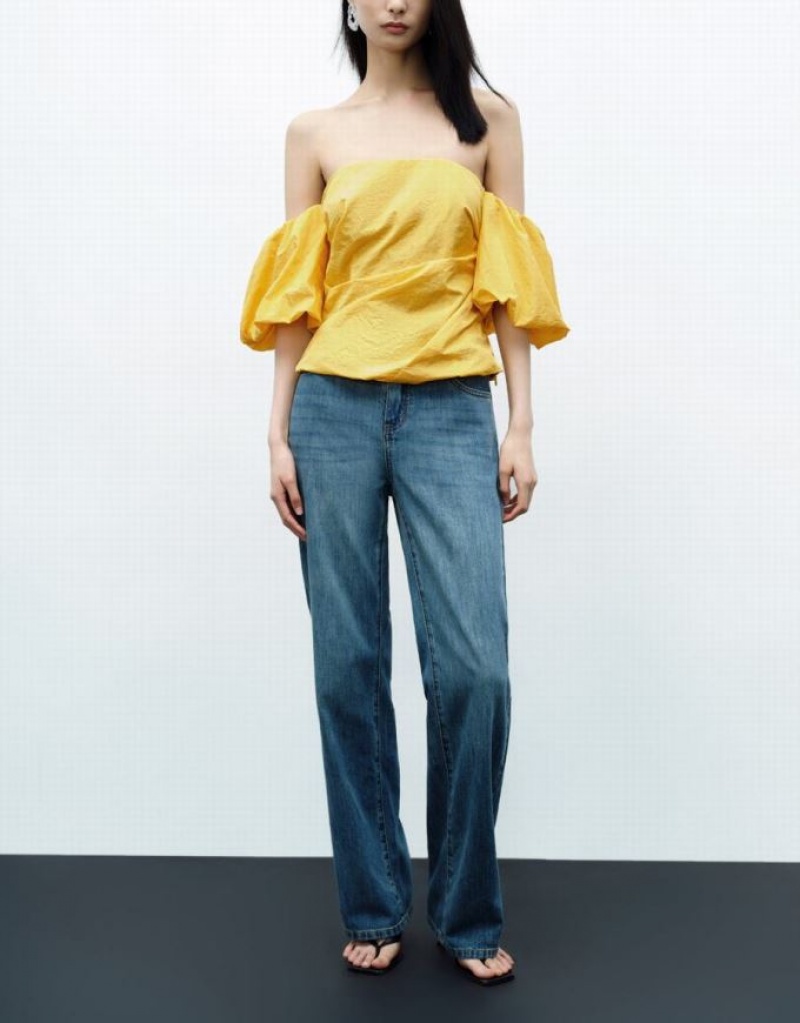 Yellow Urban Revivo Ruched Off-Shoulder Women's Tank Top | ROMPVX-958