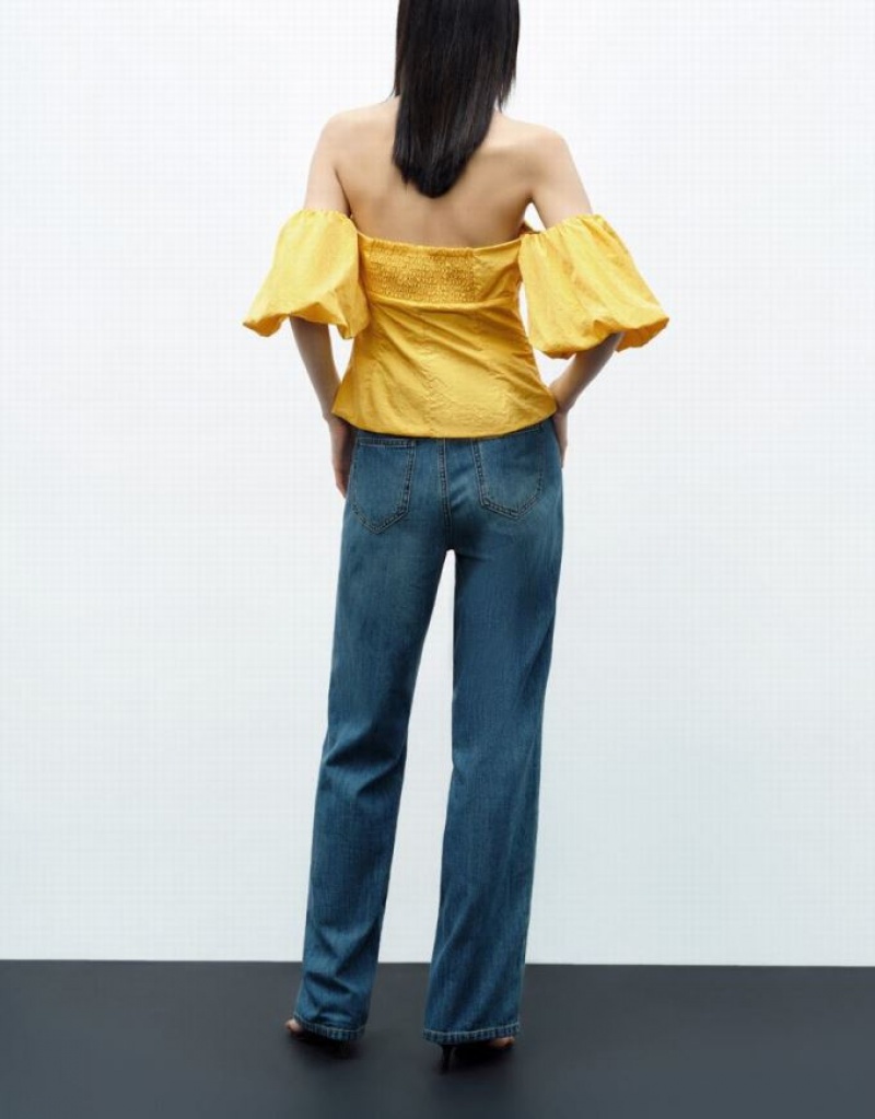 Yellow Urban Revivo Ruched Off-Shoulder Women's Tank Top | ROMPVX-958