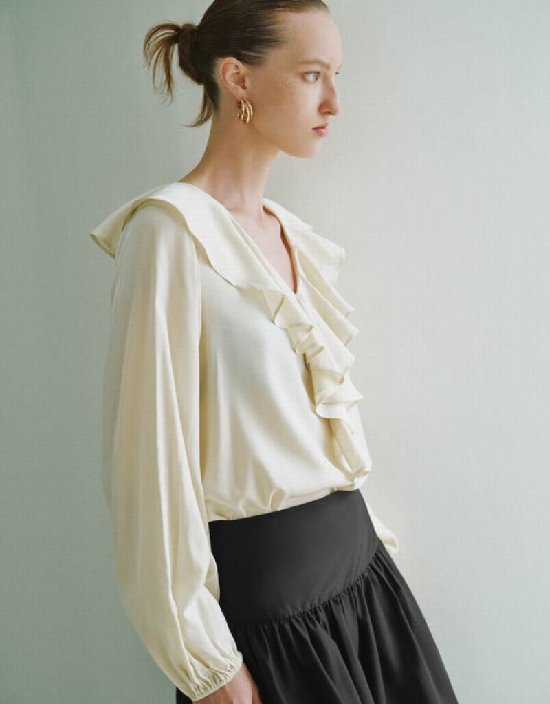Yellow Urban Revivo Ruffle V-Neck Overhead Women's Blouse | AVQMEP-951