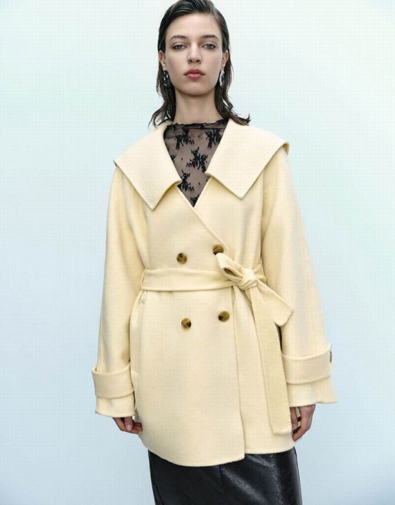 Yellow Urban Revivo Sailor Collar Neck Straight Women\'s Coats | ACJXPV-347