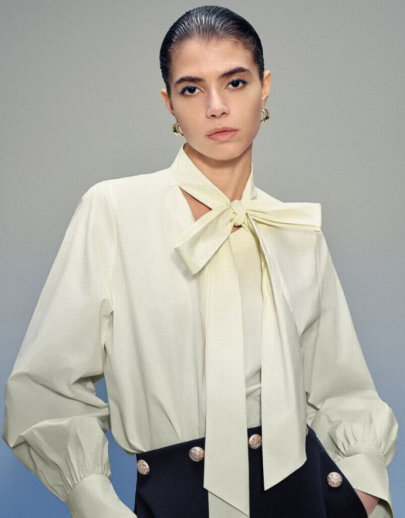 Yellow Urban Revivo Striaght Loose With Tie Women's Shirts | LCOGMU-260