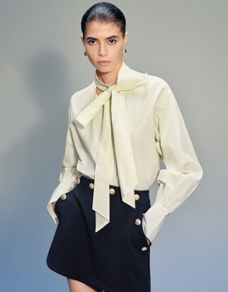 Yellow Urban Revivo Striaght Loose With Tie Women\'s Shirts | LCOGMU-260