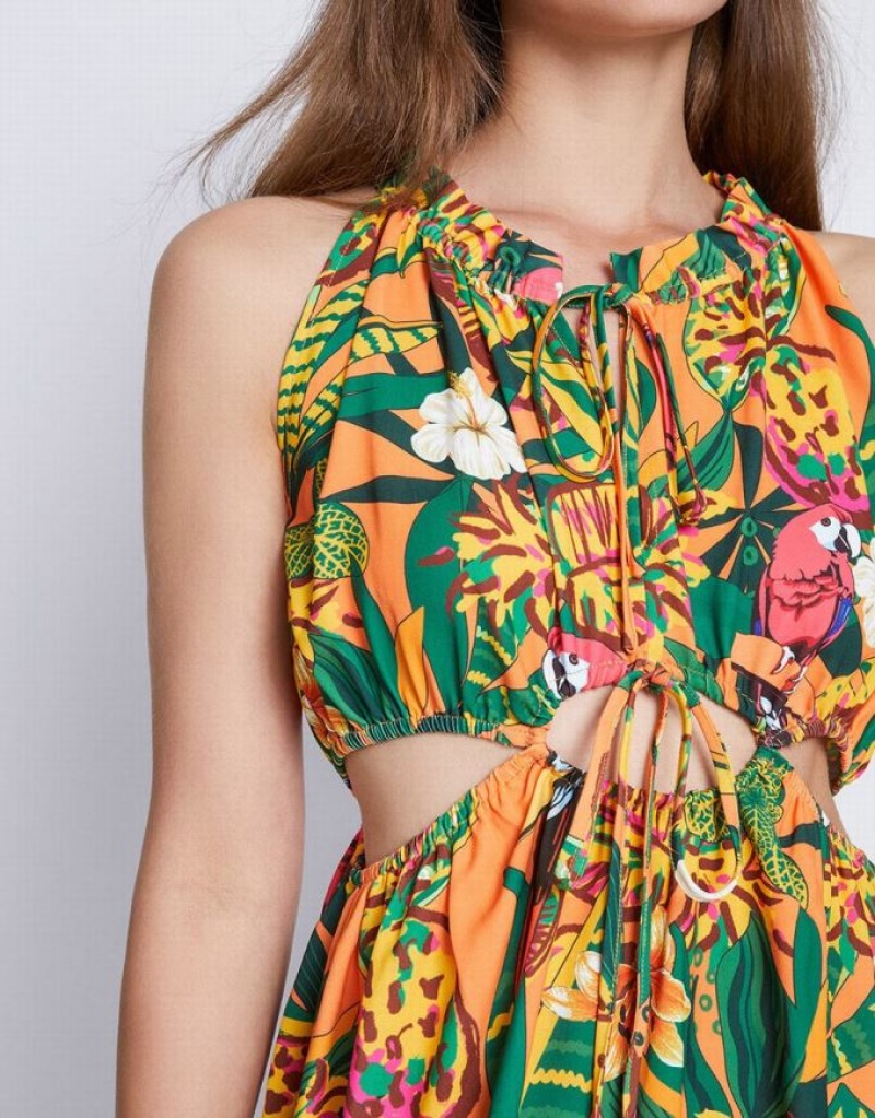 Yellow Urban Revivo Tropical Print Cut Out Sleeveless Midi Sun Women's Midi Dress | HZEJND-263