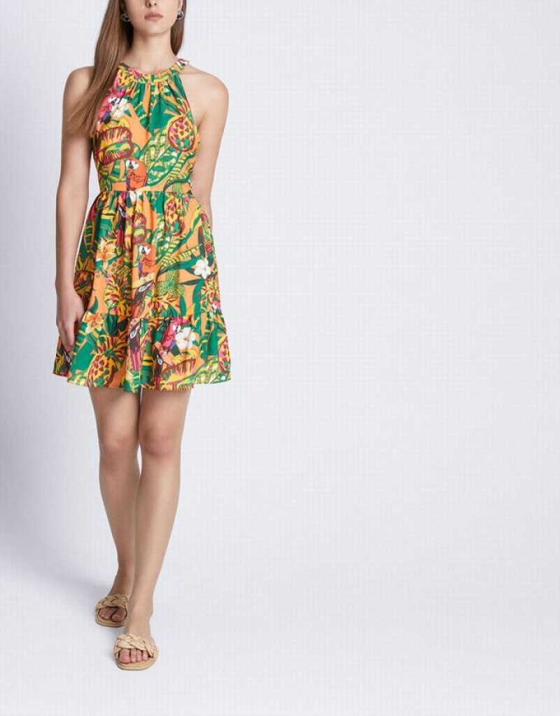 Yellow Urban Revivo Tropical Print Sleeveless Sun Women\'s Casual Dress | NAZMPE-183